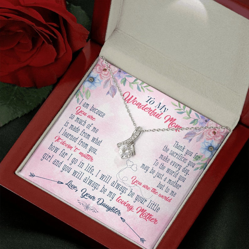 Jewelry, Necklace, Message Card, Mother's Day Gift, Pink Background, Flowers, Alluring Beauty Necklace, To Mom From Daughter