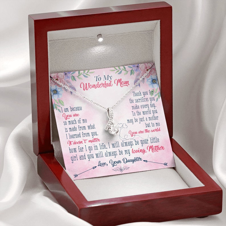 Jewelry, Necklace, Message Card, Mother's Day Gift, Pink Background, Flowers, Alluring Beauty Necklace, To Mom From Daughter