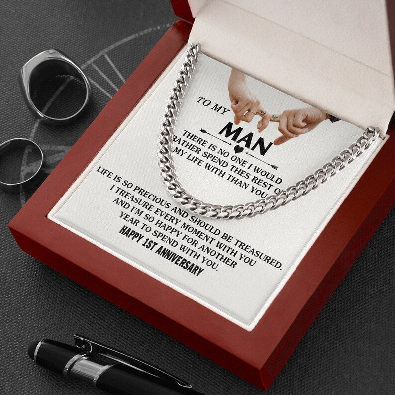 To My Man Cuban Chain Necklace Gift, Romantic 1st Anniversary Gifts For Him, Best Jewelry For Men, Husband Gifts, Happy 1st Anniversary Gift