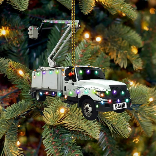 Lineman Truck Christmas Lights Personalized Flat Ornament, Custom Shape Lineman Bucket Truck Ornament - Two Sided Ornament