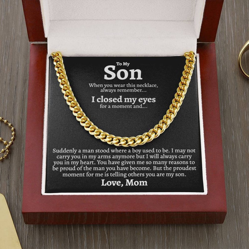 To My Son Necklace I will always carry you in my heart Love, Mom Cuban Link Chain Necklace LX340M