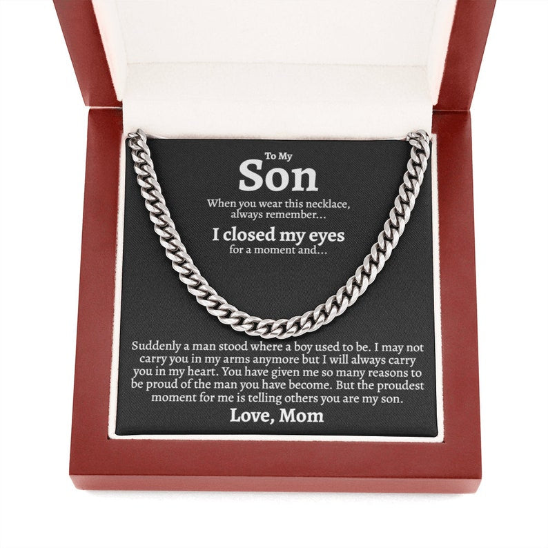 To My Son Necklace I will always carry you in my heart Love, Mom Cuban Link Chain Necklace LX340M