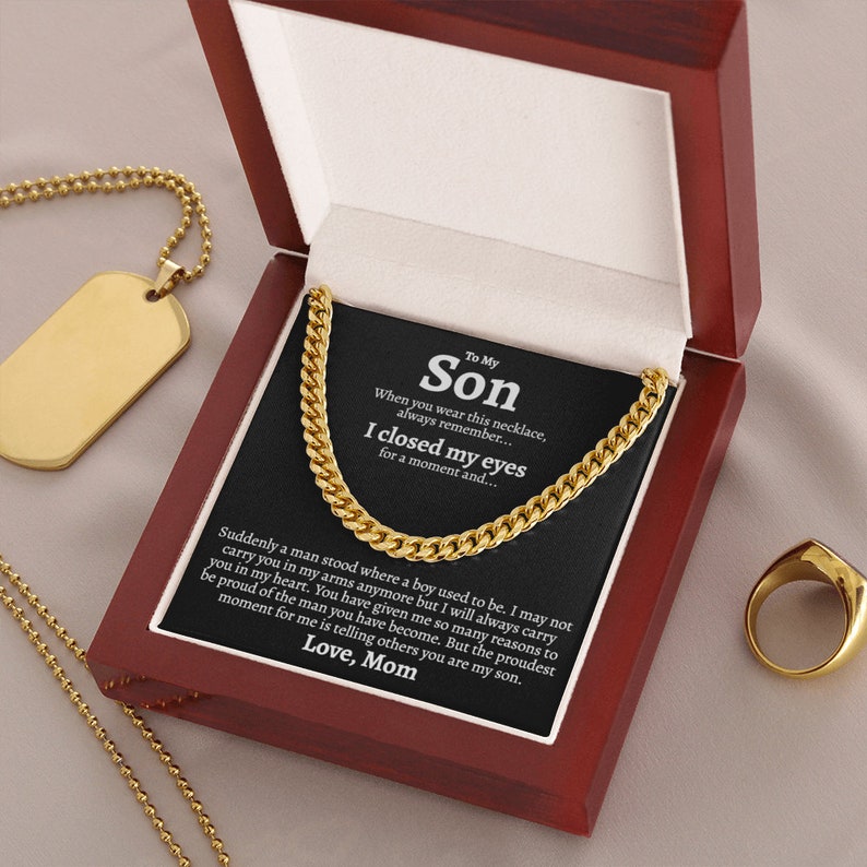 To My Son Necklace I will always carry you in my heart Love, Mom Cuban Link Chain Necklace LX340M