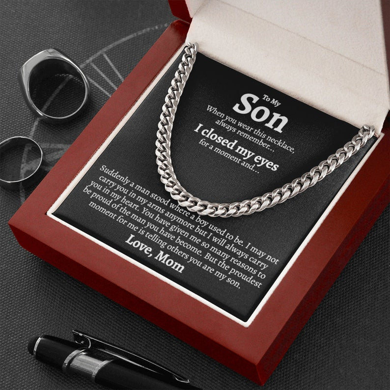 To My Son Necklace I will always carry you in my heart Love, Mom Cuban Link Chain Necklace LX340M