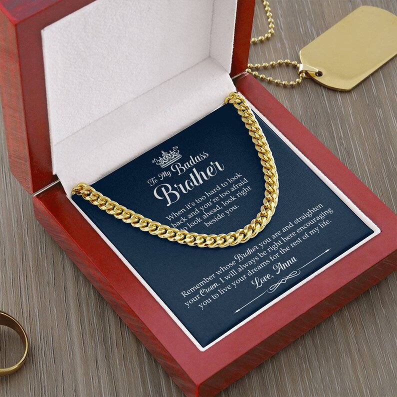 To My Badass Brother Necklace - Straighten Your Crown, Necklace Gift for Badass Brother, Cuban Link Chain Necklace