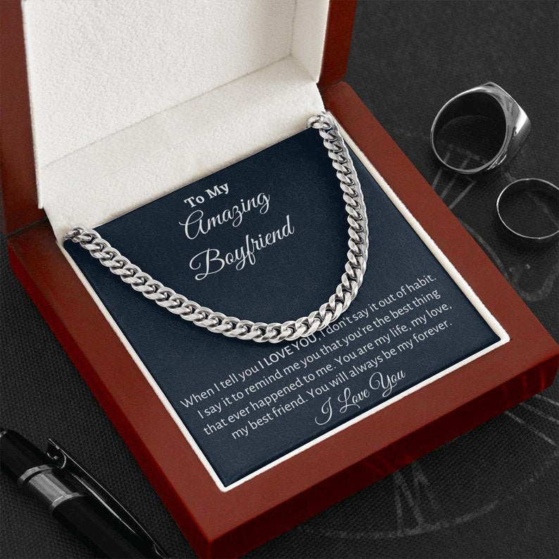 To My Boyfriend Cuban Link Chain Necklace, You will always be my forever - Boyfriend Birthday or Anniversary Gift, Christmas Gift From Girlfriend, Gift For Him LX095F