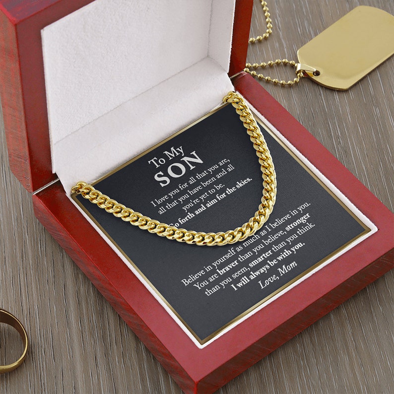 To My Son Necklace, I Will Always Be With You Love Mom, Cuban Link Chain Necklace, Necklace Gift For Son From Mom