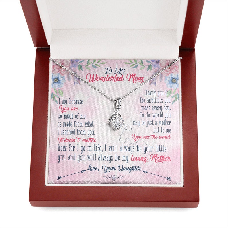 Jewelry, Necklace, Message Card, Mother's Day Gift, Pink Background, Flowers, Alluring Beauty Necklace, To Mom From Daughter
