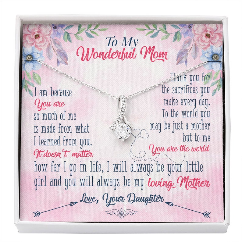Jewelry, Necklace, Message Card, Mother's Day Gift, Pink Background, Flowers, Alluring Beauty Necklace, To Mom From Daughter