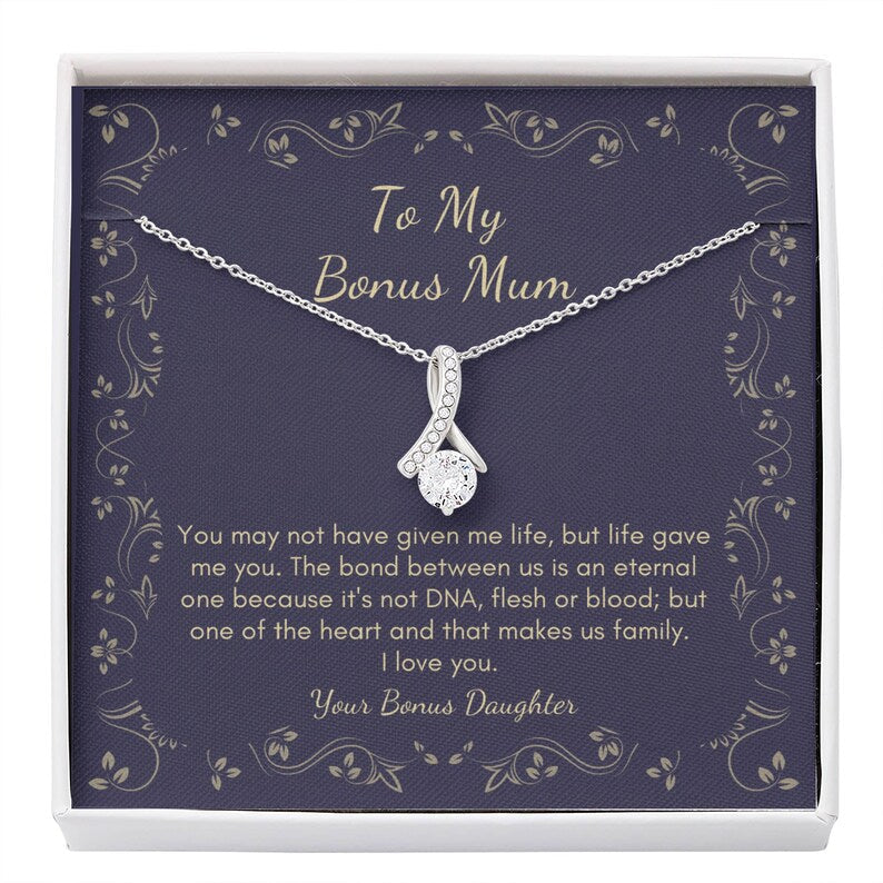 Jewelry, necklace, Message Card, Mother's Day Gift, To MY Bonus Mom, Lined Flower Frame, Alluring Beauty Necklace Gift To Mom From Daughter