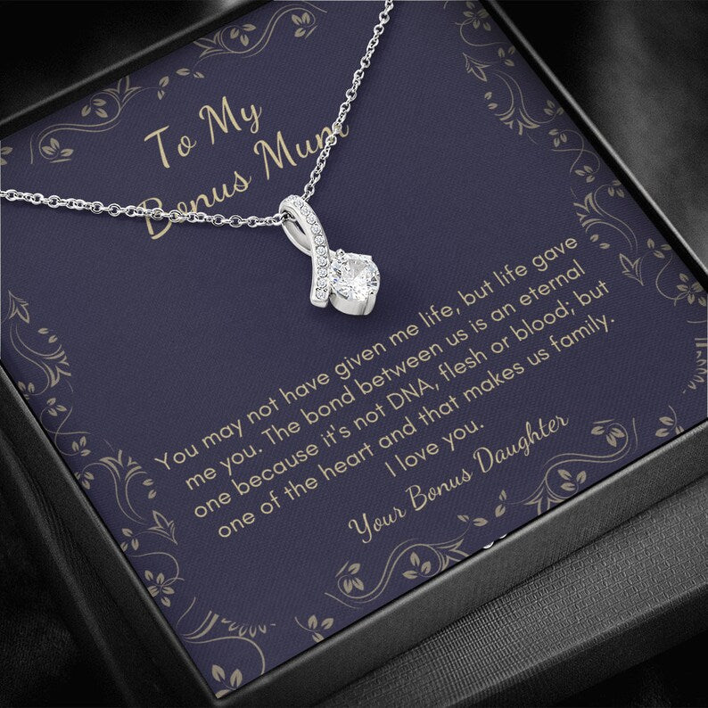 Jewelry, necklace, Message Card, Mother's Day Gift, To MY Bonus Mom, Lined Flower Frame, Alluring Beauty Necklace Gift To Mom From Daughter