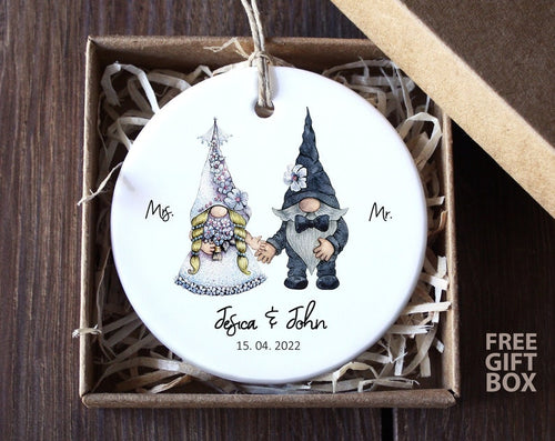 Mr And Mrs Gnome Ornament, Personalised Wedding Gift Couple, Funny Anniversary Wedding Present For Husband Wife, Custom Newlywed Ornament