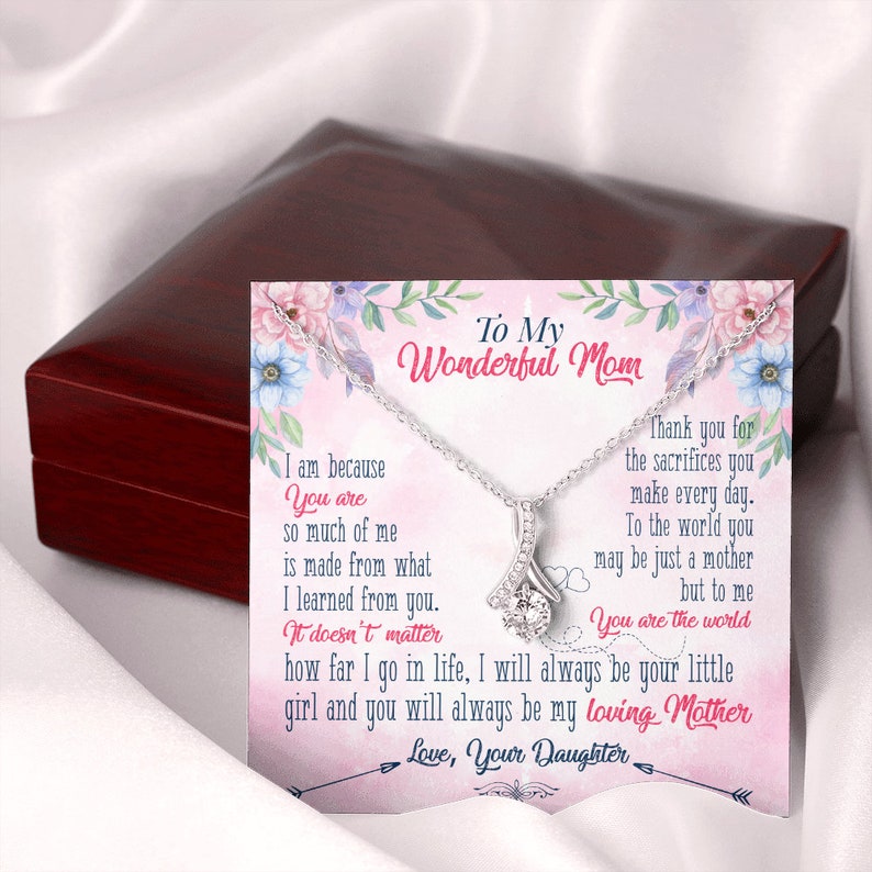 Jewelry, Necklace, Message Card, Mother's Day Gift, Pink Background, Flowers, Alluring Beauty Necklace, To Mom From Daughter