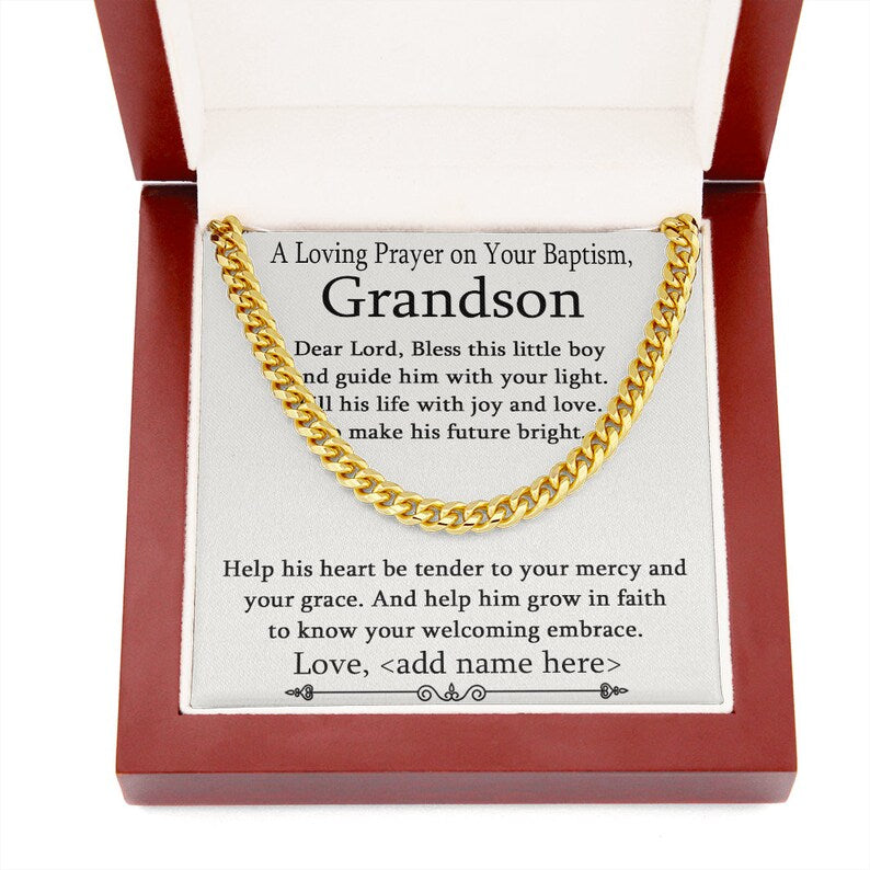 Grandson Baptism Necklace Gift, Christening Gift for Grandson, Cuban Link Chain Necklace For Grandson, Sentimental Baptism Gift For Boy
