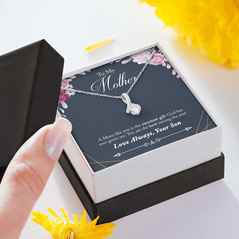 Jewelry, Necklace, Personalized Message Card, Watercolor Frame, Mother's Day Gift, Alluring Beauty Necklace Gift To Mother From Daughter Son