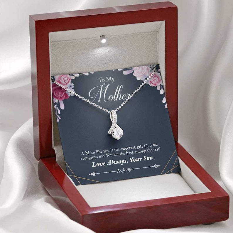Jewelry, Necklace, Personalized Message Card, Watercolor Frame, Mother's Day Gift, Alluring Beauty Necklace Gift To Mother From Daughter Son