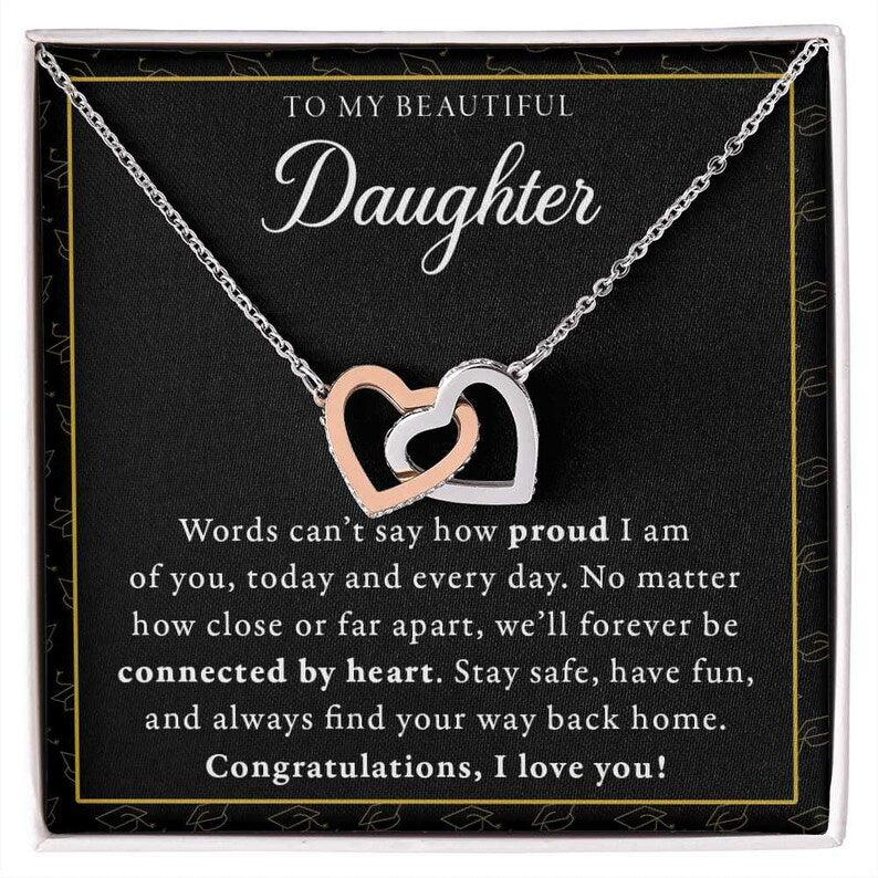 Graduation Gift for Daughter from Mom or Dad, Double interlocking hearts necklace with thoughtful card