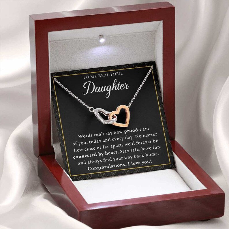 Graduation Gift for Daughter from Mom or Dad, Double interlocking hearts necklace with thoughtful card