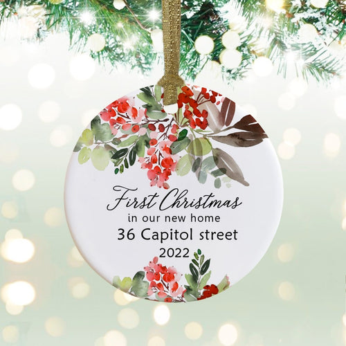 Personalized First Christmas New Home Address Botanical Ceramic Round Decoration Ornament Keepsake