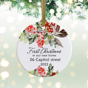 Personalized First Christmas New Home Address Botanical Ceramic Round Decoration Ornament Keepsake