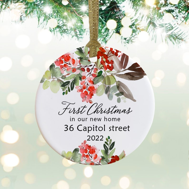 Personalized First Christmas New Home Address Botanical Ceramic Round Decoration Ornament Keepsake
