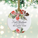 Personalized First Christmas New Home Address Botanical Ceramic Round Decoration Ornament Keepsake