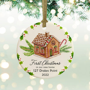 Our First Home Personalized First Christmas New Home Address Botanical Ceramic Round Decoration Ornament Keepsake