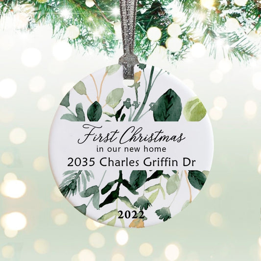 Personalized First Christmas New Home Address Botanical Ceramic Round Decoration Ornament Keepsake