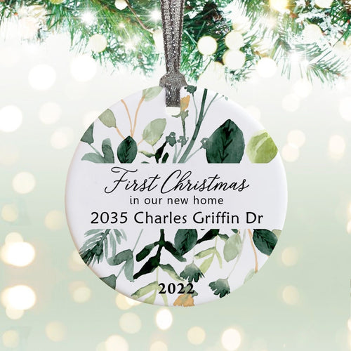Personalized First Christmas New Home Address Botanical Ceramic Round Decoration Ornament Keepsake