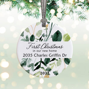 Personalized First Christmas New Home Address Botanical Ceramic Round Decoration Ornament Keepsake