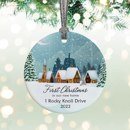 Our First Home Personalized First Christmas New Home Address Botanical Ceramic Round Decoration Ornament Keepsake