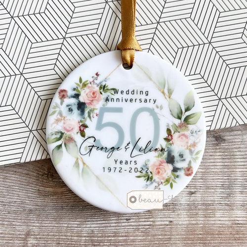 Personalised Wedding Anniversary Names Mr & Mrs 25Th 50Th 1St 40Th 35Th Blue Blush Greenery Ceramic Round Decoration Ornament Keepsake