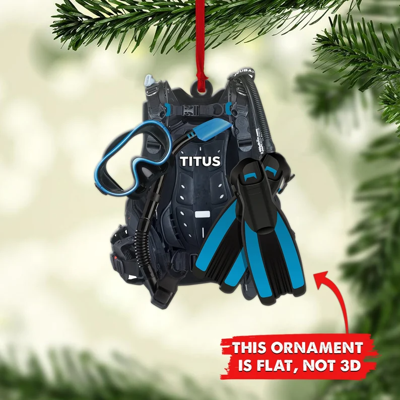 Scuba Diving Equipment Personalized Christmas Ornament, Underwater Diving Custom Flat Ornament