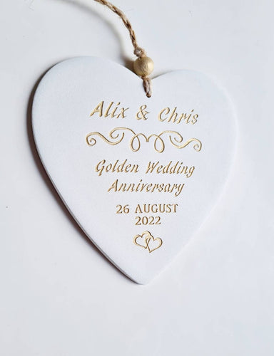 Personalised Wedding Anniversary Gift - Golden Silver Ruby Wedding Anniversary- Handmade Keepsake Ornament - Clay Heart
