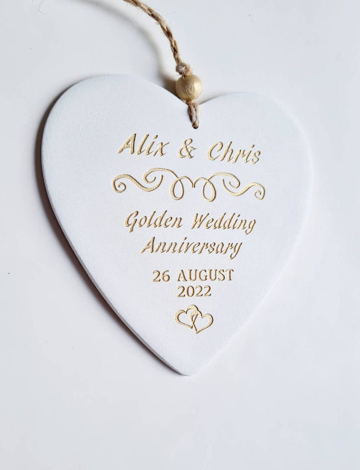 Personalised Wedding Anniversary Gift - Golden Silver Ruby Wedding Anniversary- Handmade Keepsake Ornament - Clay Heart