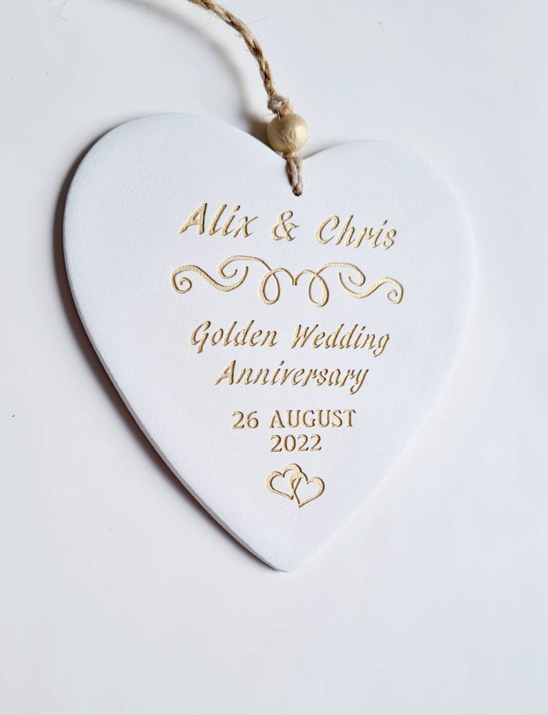 Personalised Wedding Anniversary Gift - Golden Silver Ruby Wedding Anniversary- Handmade Keepsake Ornament - Clay Heart
