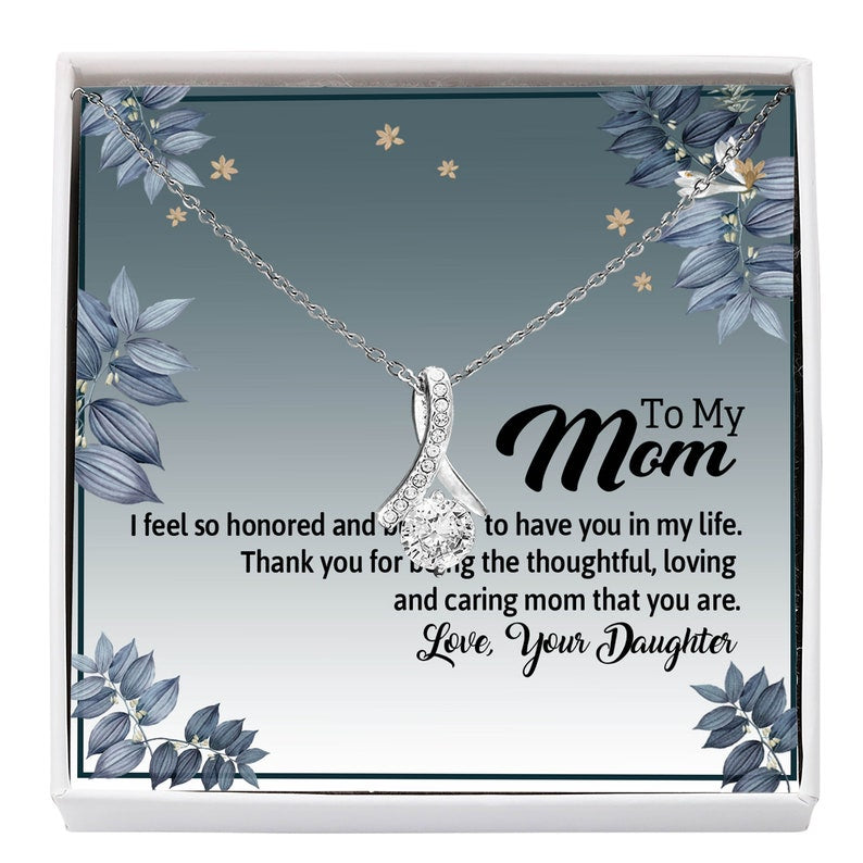 Alluring Beauty Necklace, Gift For Mom, With Message Card, Blue Leaves Frame, Mother's Day Gift, To My Mom From Daughter