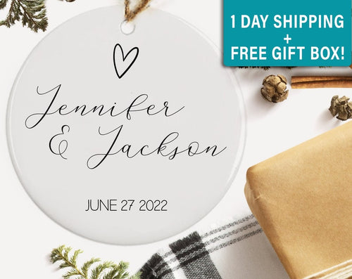 Personalized Ornament - Heart With Names And Date Or Year - Ceramic Ornament - Custom Ornament - Christmas Keepsake - Couple Ornament