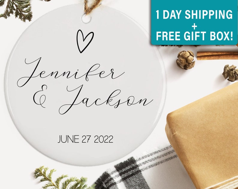 Personalized Ornament - Heart With Names And Date Or Year - Ceramic Ornament - Custom Ornament - Christmas Keepsake - Couple Ornament