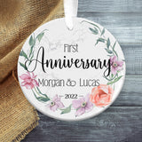 Couple First Anniversary Floral Porcelain Personalized Christmas Ornament, 1St Anniversary Gift, One Year Anniversary Christmas Ornament