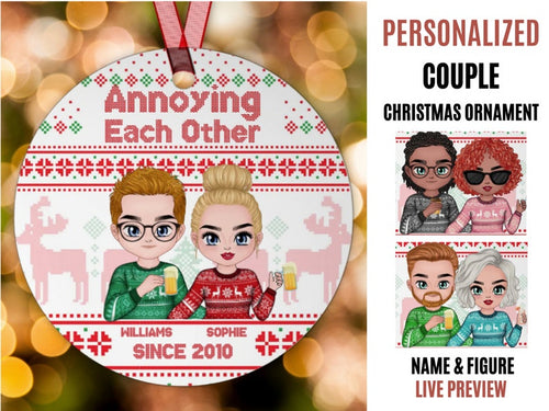Personalized Circle Christmas Ornament For Couple,Annoying Each Other Since Ornament,Ugly Sweater Style Ornament,Customized Chibi Couple