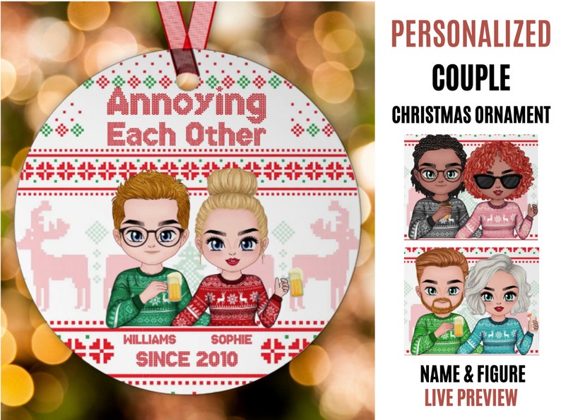 Personalized Circle Christmas Ornament For Couple,Annoying Each Other Since Ornament,Ugly Sweater Style Ornament,Customized Chibi Couple