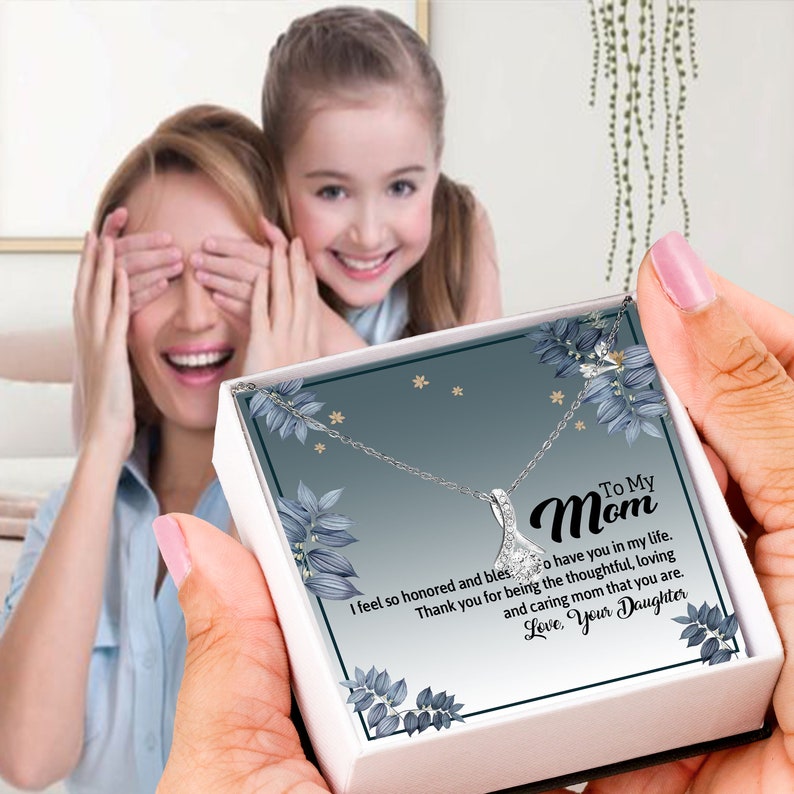 Alluring Beauty Necklace, Gift For Mom, With Message Card, Blue Leaves Frame, Mother's Day Gift, To My Mom From Daughter