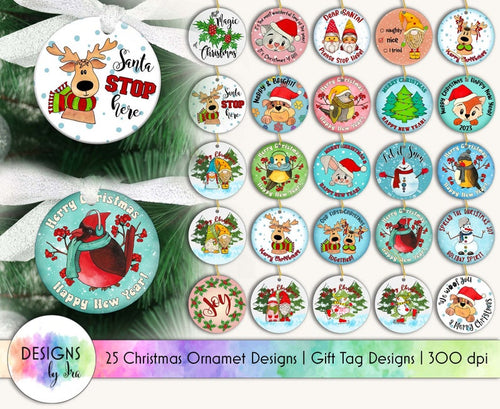 Christmas Ornaments Sublimation Bundle | 25 Round Ornaments Designs | Gift Tags Designs | Christmas Gift Tags | Digital Download