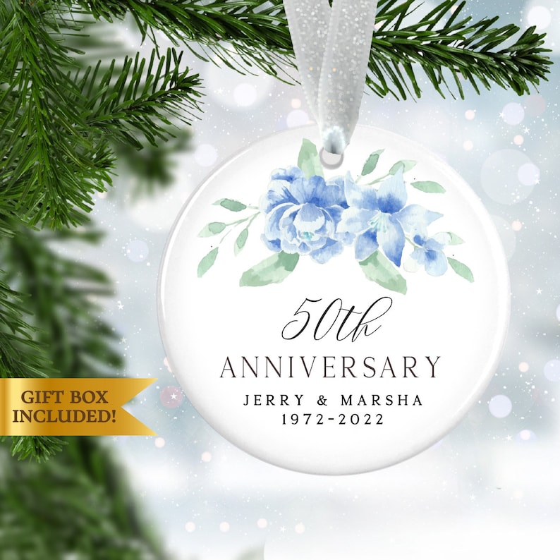 Personalized Anniversary Ornament, Custom Personalized Anniversary Christmas Ornament, Blue Floral Beautiful Anniversary Gift For Couples
