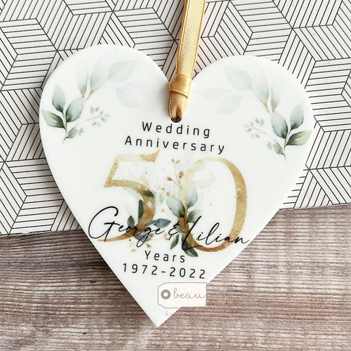 Personalised Wedding Anniversary Names Mr & Mrs 25Th 50Th 1St 40Th 35Th Greenery Acrylic Heart Decoration Ornament Keepsake