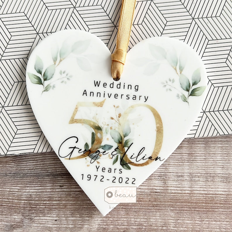 Personalised Wedding Anniversary Names Mr & Mrs 25Th 50Th 1St 40Th 35Th Greenery Acrylic Heart Decoration Ornament Keepsake