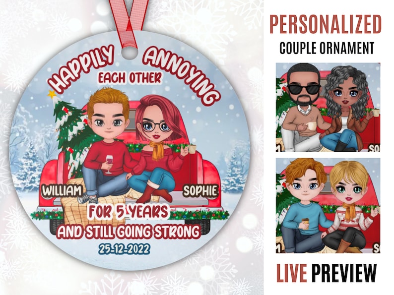 Personalized Circle Christmas Ornament For Couple,Happily Annoying Each Other Since Ornament,Married Anniversary Customized Chibi Portrait