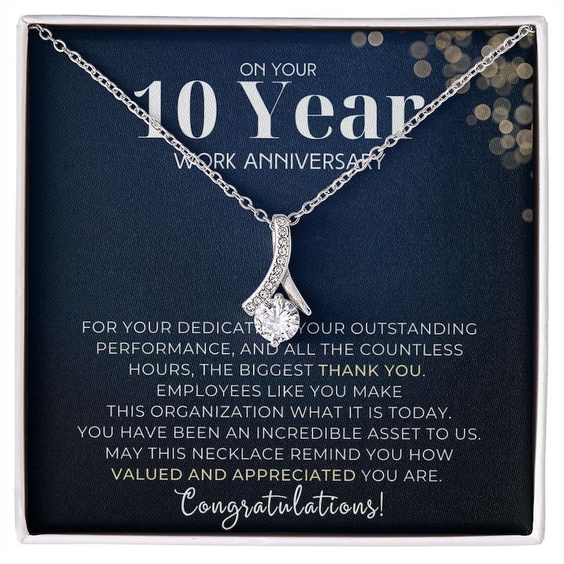 10 Year Work Anniversary Appreciation Alluring Beauty Necklace, Employee Years of Service Recognition Jewelry, Employee Congratulations Gift Ten Years