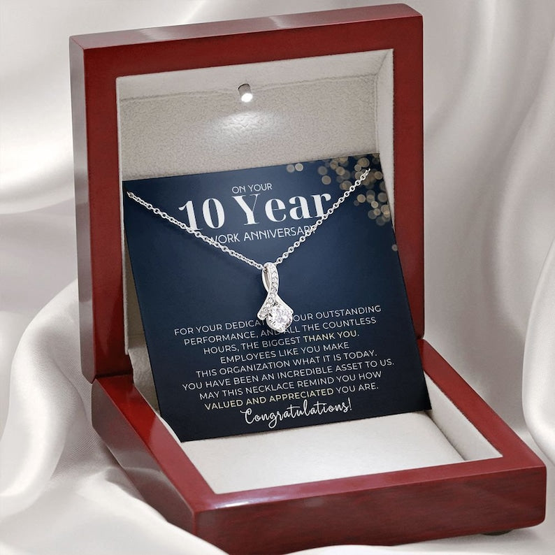 10 Year Work Anniversary Appreciation Alluring Beauty Necklace, Employee Years of Service Recognition Jewelry, Employee Congratulations Gift Ten Years